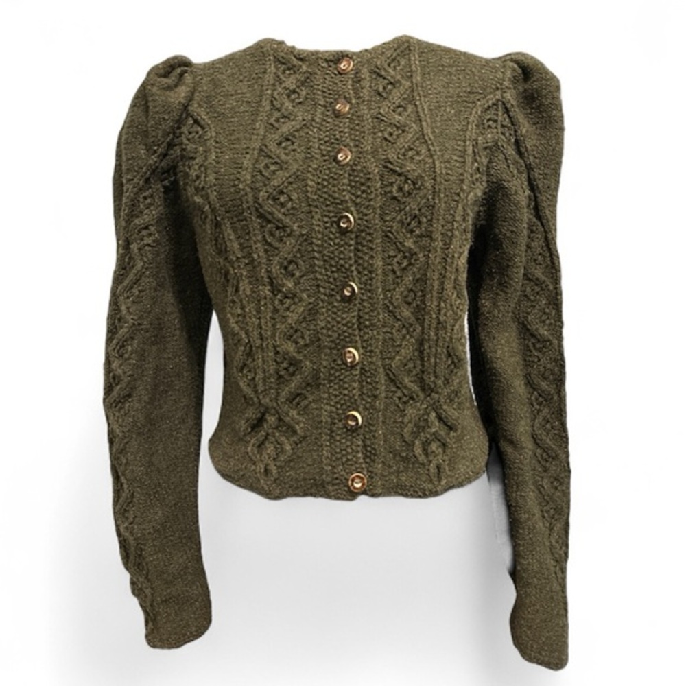 Vintage Wool German S/M Olive Green Cable Knit Button-Front Women's Cardigan